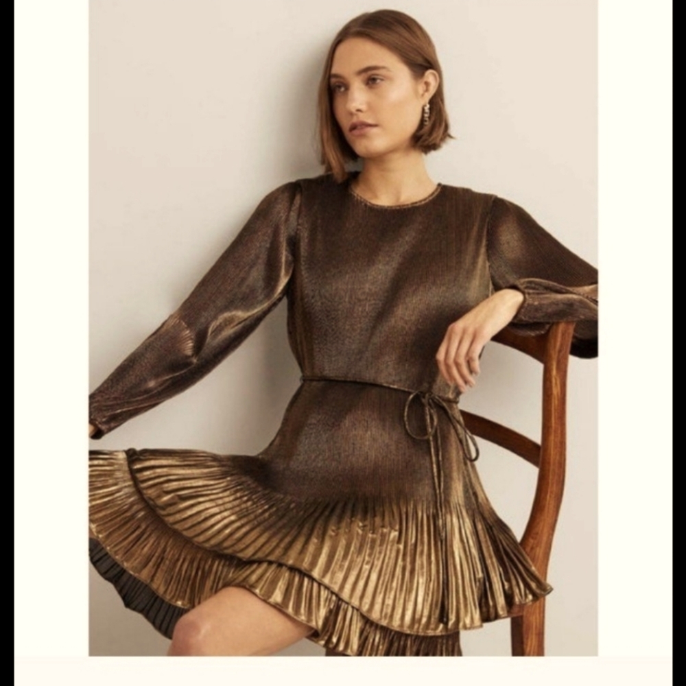Boden Dress 10 Gold Copper Metallic Pleated Party Cocktail Dress NEW